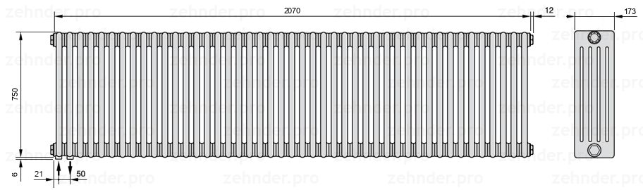 Схема (чертеж) Радиатор Zehnder Charleston 5075/45 №3370 Белый глянцевый RAL 9016